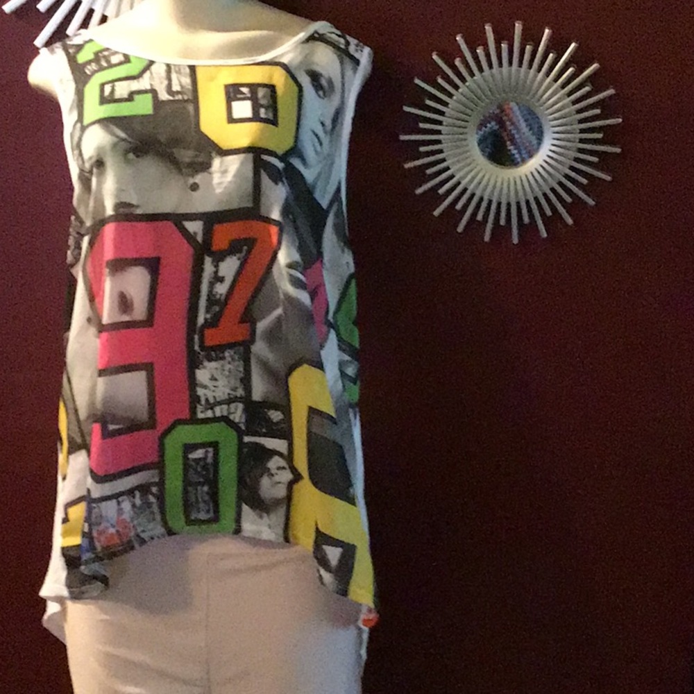 Unique tunic tank with model faces and numbers